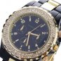 Round Dial Wristwatch with Quartz Movement/Rhinestone Decoration/Acrylic Band - Black Dial & Band