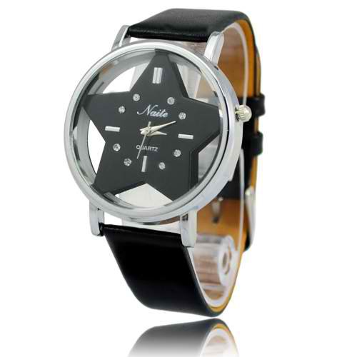 Stylish PU Leather Metal Case Star Design Dial Set with Rhinestone Quartz Movement Wrist Watch Black