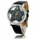 Stylish PU Leather Metal Case Star Design Dial Set with Rhinestone Quartz Movement Wrist Watch Black