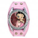 Betty Shape Dial Plate Rhinestone Stylish Leather Band Quartz Movement Wrist Watch - Pink