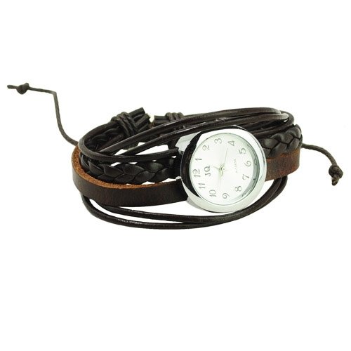Tiny Leather&rattan Manual String Bracelet Round Dial Wristwatch for Women