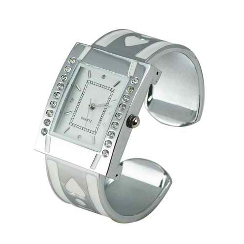 Stainless Steel Hinge Bracelet Quartz Movement Wrist Watch Set with Rhinestone