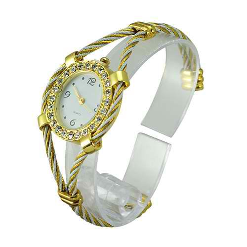 Metal Weave Design Bracelet Quartz Movement Wrist Watch Set with Rhinestone