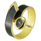 Metal Hinge Bracelet Quartz Movement Wrist Watch Set with Rhinestone