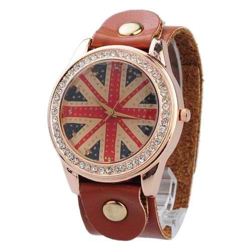 Stylish Round Dial Wristwatch with Britain's National Flag Pattern/Oxhide Band