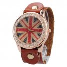 Stylish Round Dial Wristwatch with Britain's National Flag Pattern/Oxhide Band