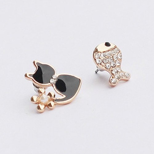 Lovely Cute Cat and Fish Design Rhinestone Earrings Ear Studs