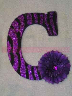 GLITTER ZEBRA STRIPES w Rhinestone Center Flower - single wooden letter