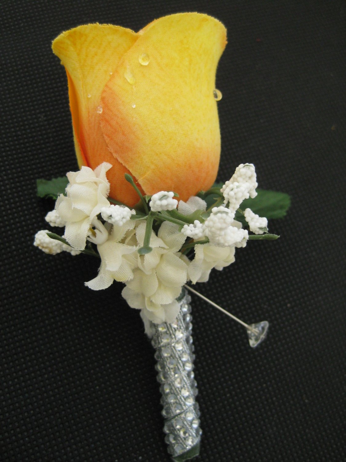 YELLOW Wedding Groom Rose Bud Silk Flower Boutonniere Crystal Rhinestone Bling Stem