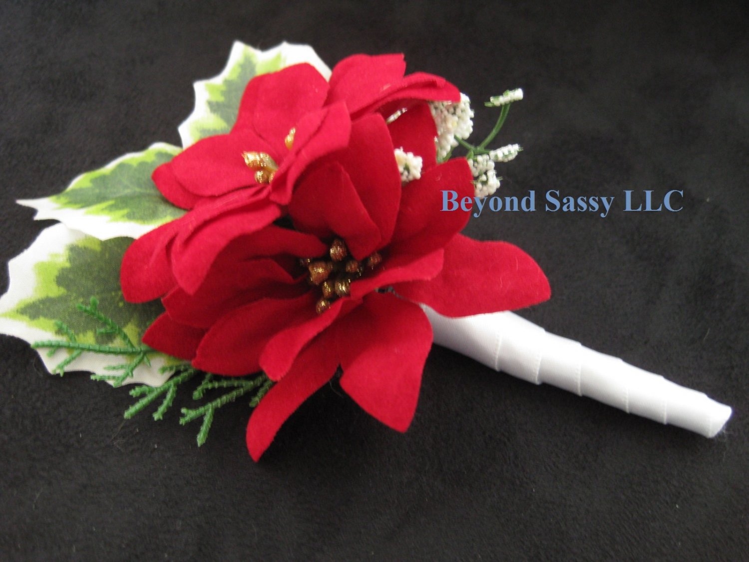 Red White Poinsettia Silk Flower Wedding Boutonniere