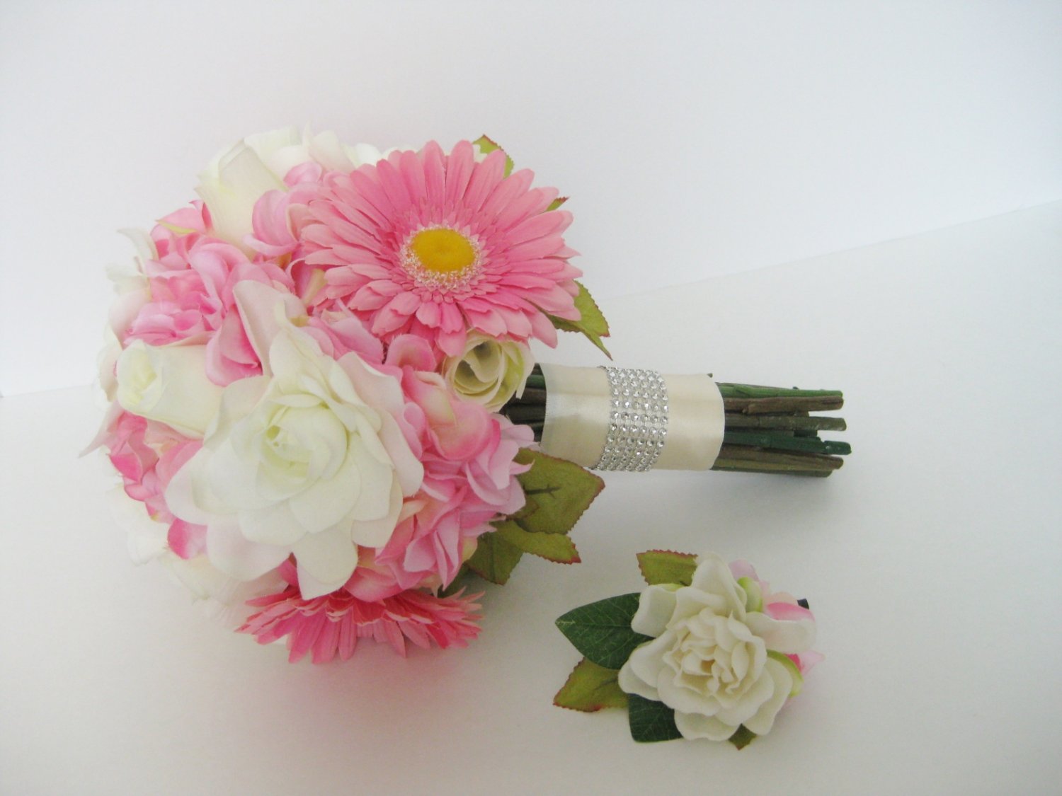 2pc Wedding Pink Cream Bridal Silk Flower Bouquet Boutonniere Gardenia