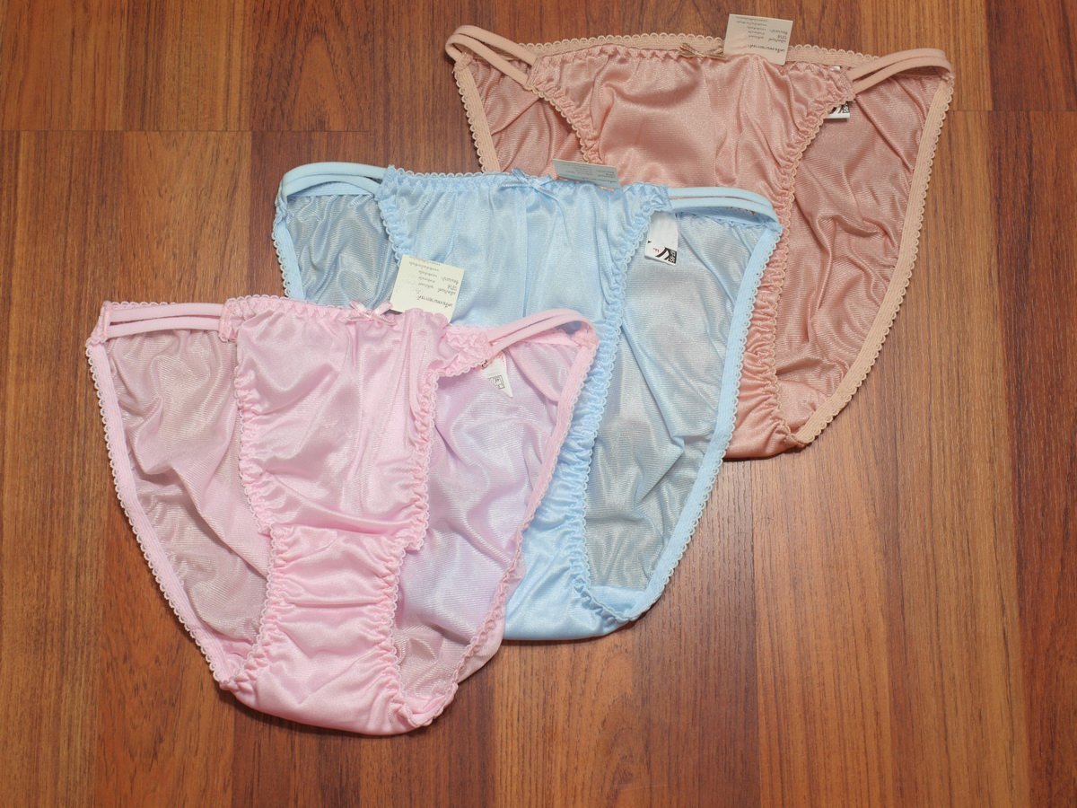 3 Nylon String bikini panties, Feminine Silky Lingerie Blue, Pink, Brown  34-37