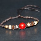 Handmade Crochet Bracelets Red imitation stone, Brown cotton String