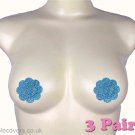 Burlesque Nipple Covers Pasties Pads Concealers Disposable 3 Pairs Blue Glitter Petal