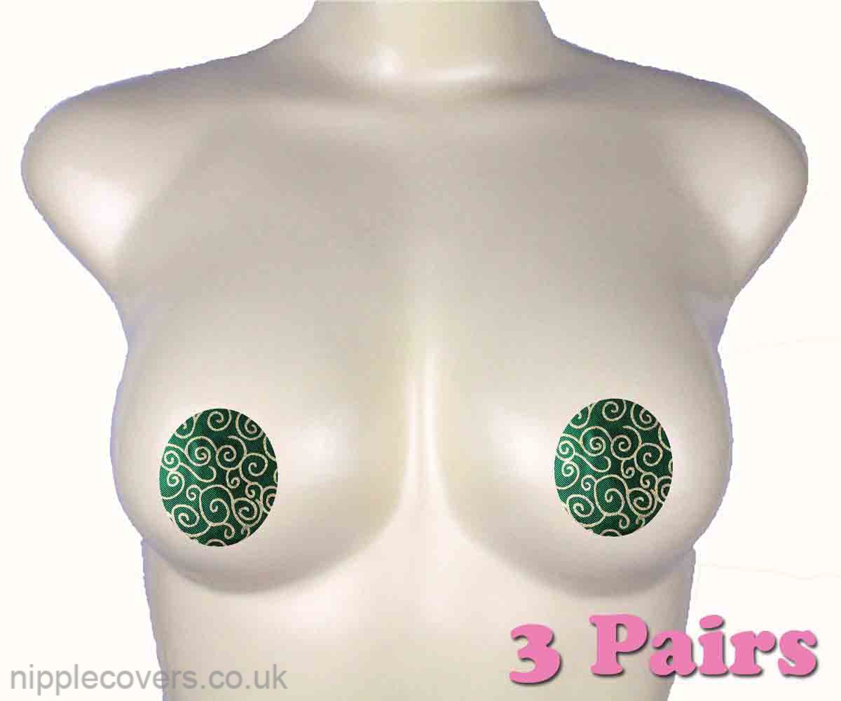 Backless Strapless Bras Nipple Pasties Covers Breast Pads Concealers 3 Pairs Green Classic Round