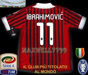 NEW 11-12 AC MILAN HOME IBRAHIMOVIC' 11 CALCIO+TROPHY 7 FULL ALL PATCH SOCCER SHIRT JERSEY