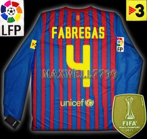 NEW 11-12 BARCELONA HOME FABREGAS 4 LFP+TV3 PATCH LS SOCCER SHIRT JERSEY