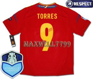 FINAL EURO 2012 SPAIN HOME TORRES 9 CHAMP EURO2008 RESPECT PATCHES SHIRT JERSEY