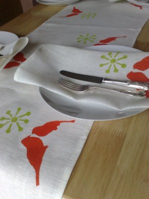 Hand Printed table runner Summer Birds