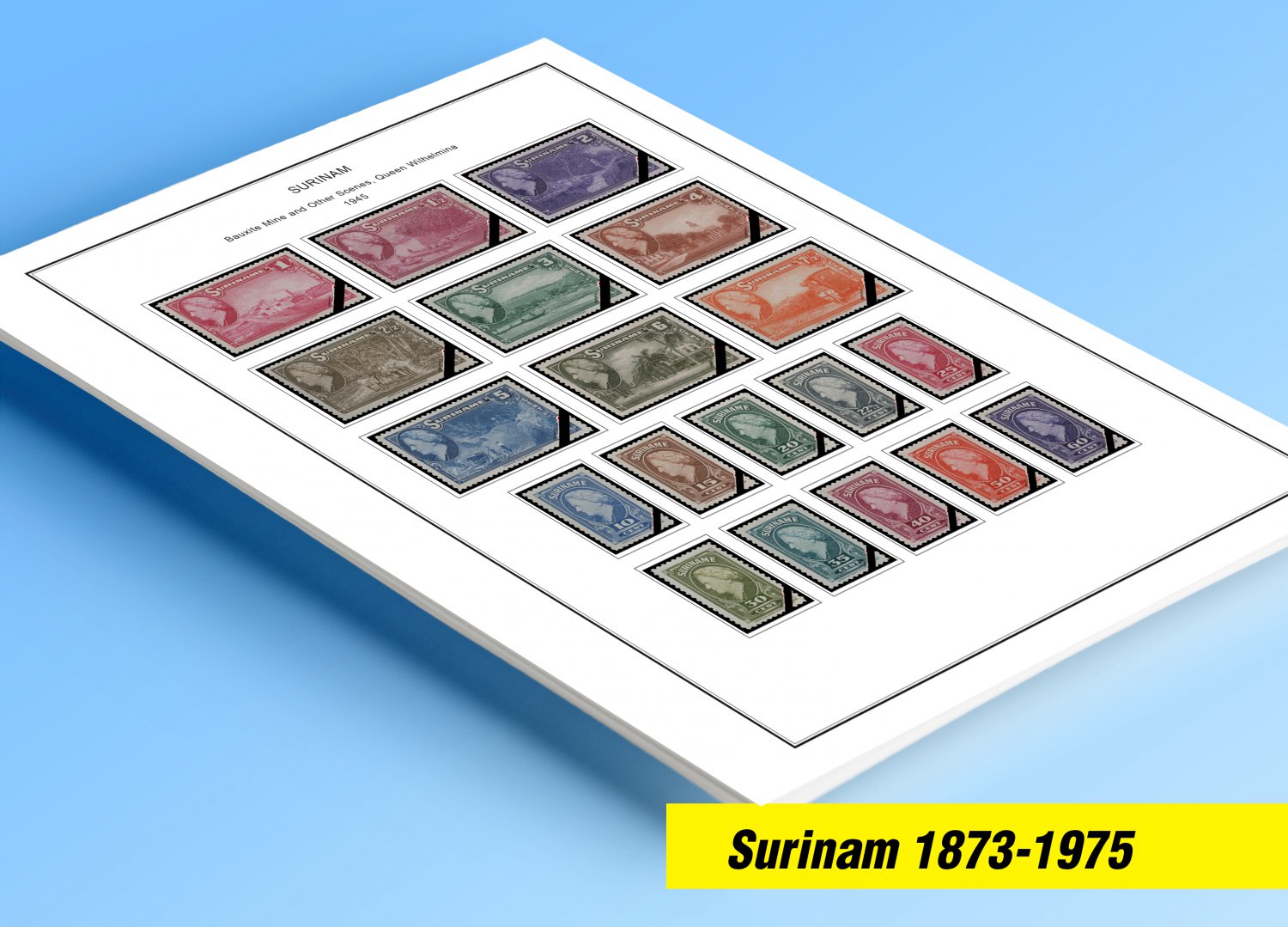COLOR PRINTED SURINAM 1873-1975 STAMP ALBUM PAGES (62 illustrated pages)