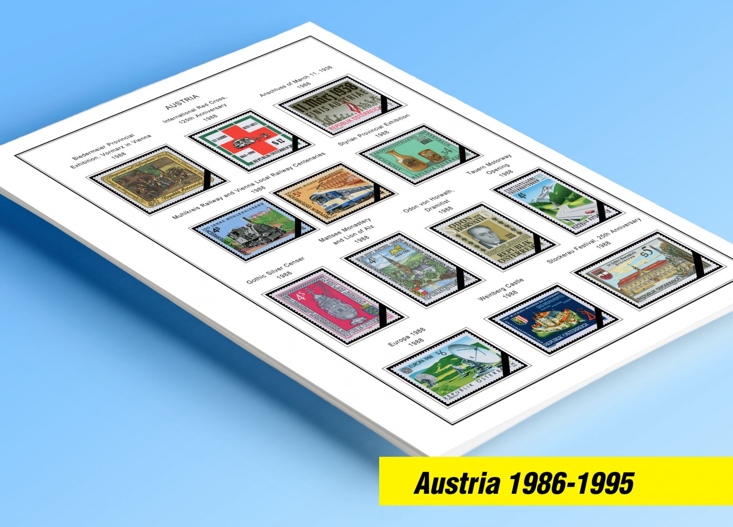 COLOR PRINTED AUSTRIA 1986-1995 STAMP ALBUM PAGES (36 illustrated pages)