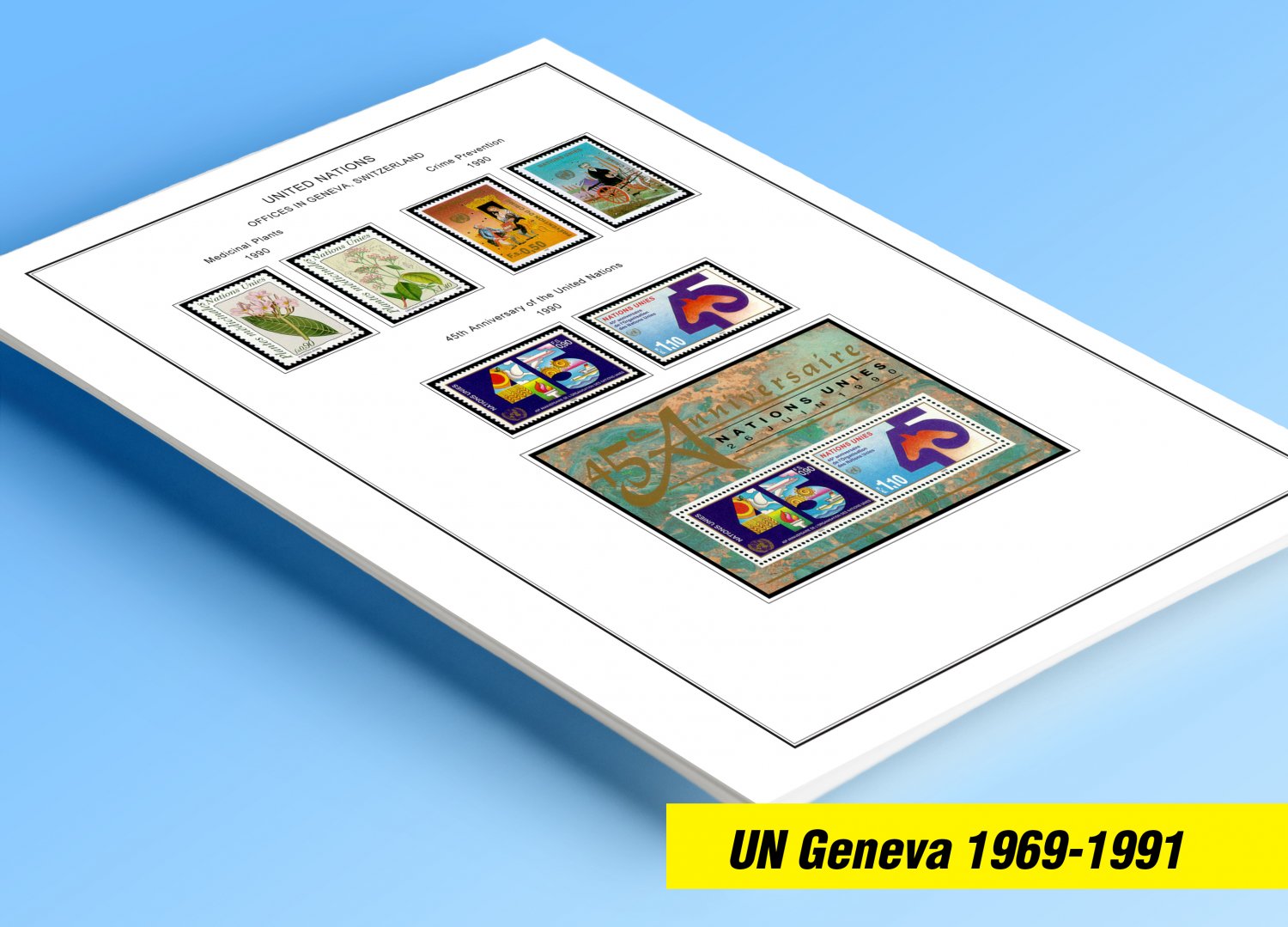COLOR PRINTED UNITED NATIONS - GENEVA OFFICES 1969-1991 STAMP ALBUM PAGES (30 illustrated pages)