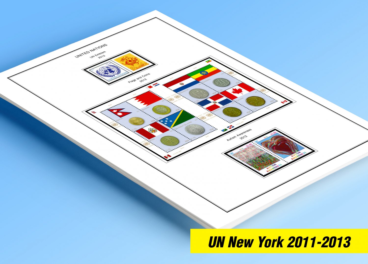 COLOR PRINTED UNITED NATIONS - NEW YORK OFFICES 2011-2013 STAMP ALBUM PAGES (17 illustrated pages)