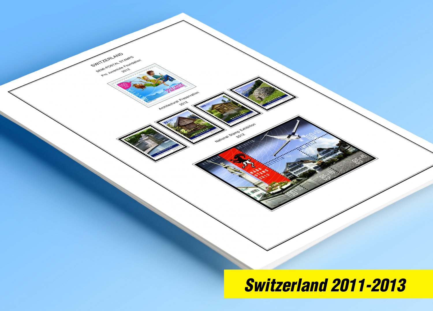 COLOR PRINTED SWITZERLAND 2011-2013 STAMP ALBUM PAGES (19 illustrated pages)