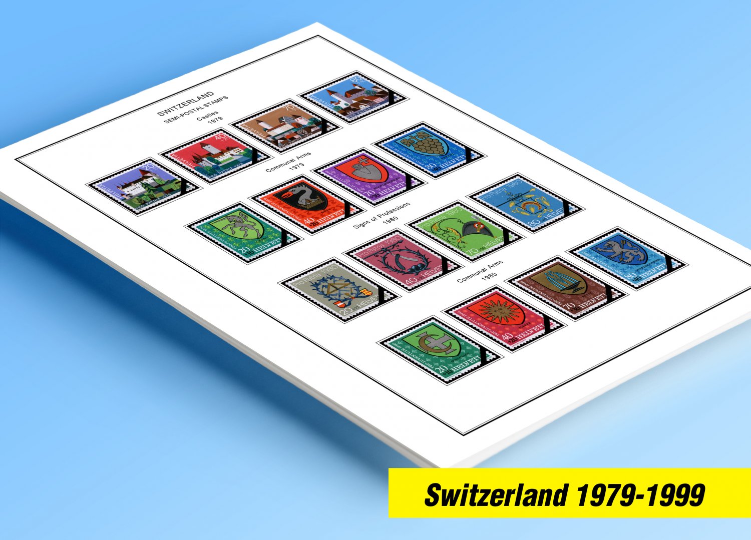 COLOR PRINTED SWITZERLAND 1979-1999 STAMP ALBUM PAGES (54 illustrated pages)