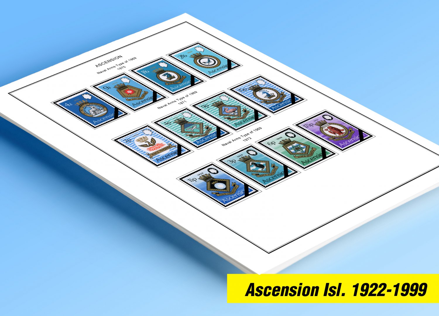 COLOR PRINTED ASCENSION ISLAND 1922-1999 STAMP ALBUM PAGES (104 illustrated pages)