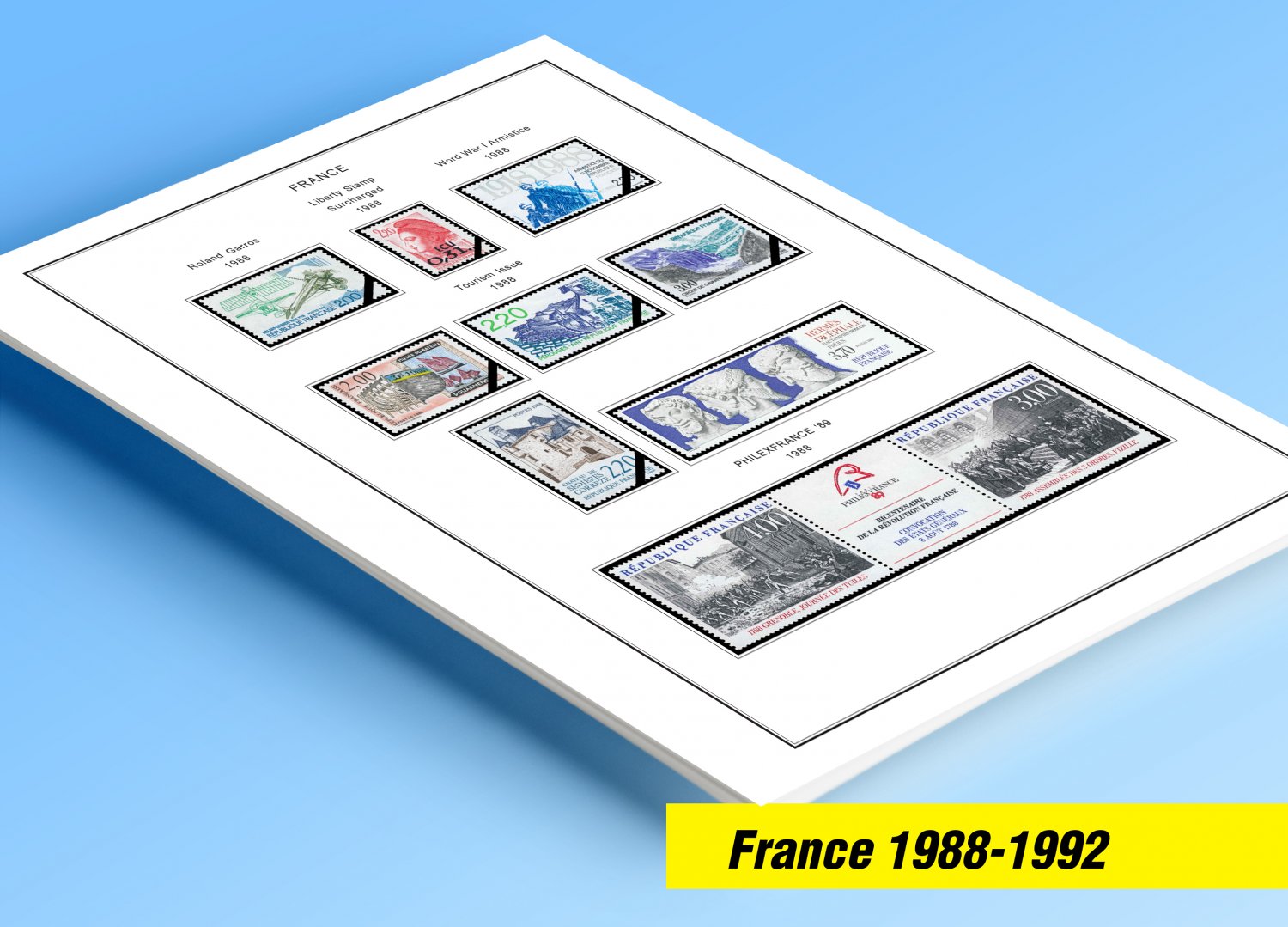 COLOR PRINTED FRANCE 1988-1992 STAMP ALBUM PAGES (22 illustrated pages)