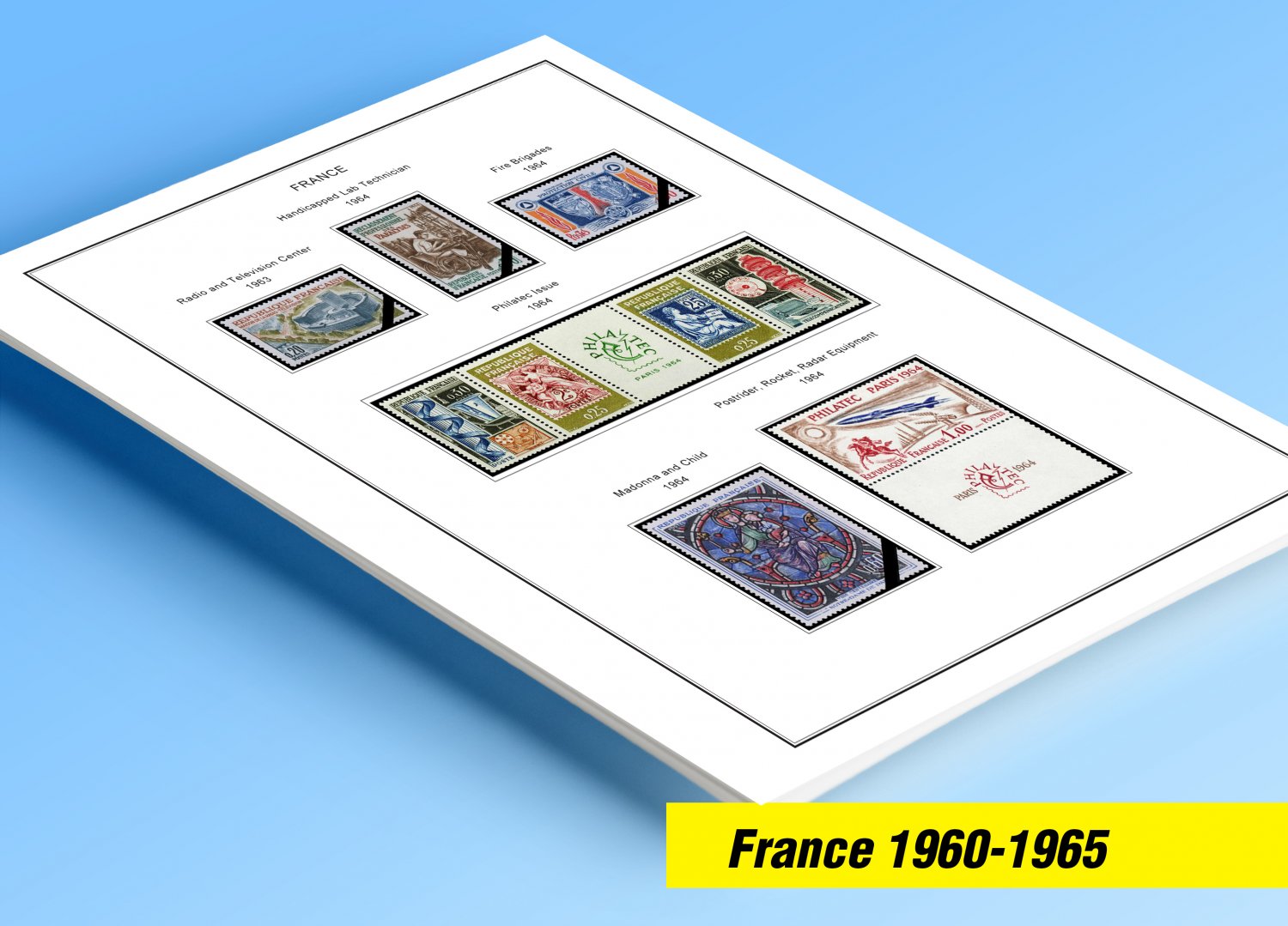 COLOR PRINTED FRANCE 1960-1965 STAMP ALBUM PAGES (18 illustrated pages)