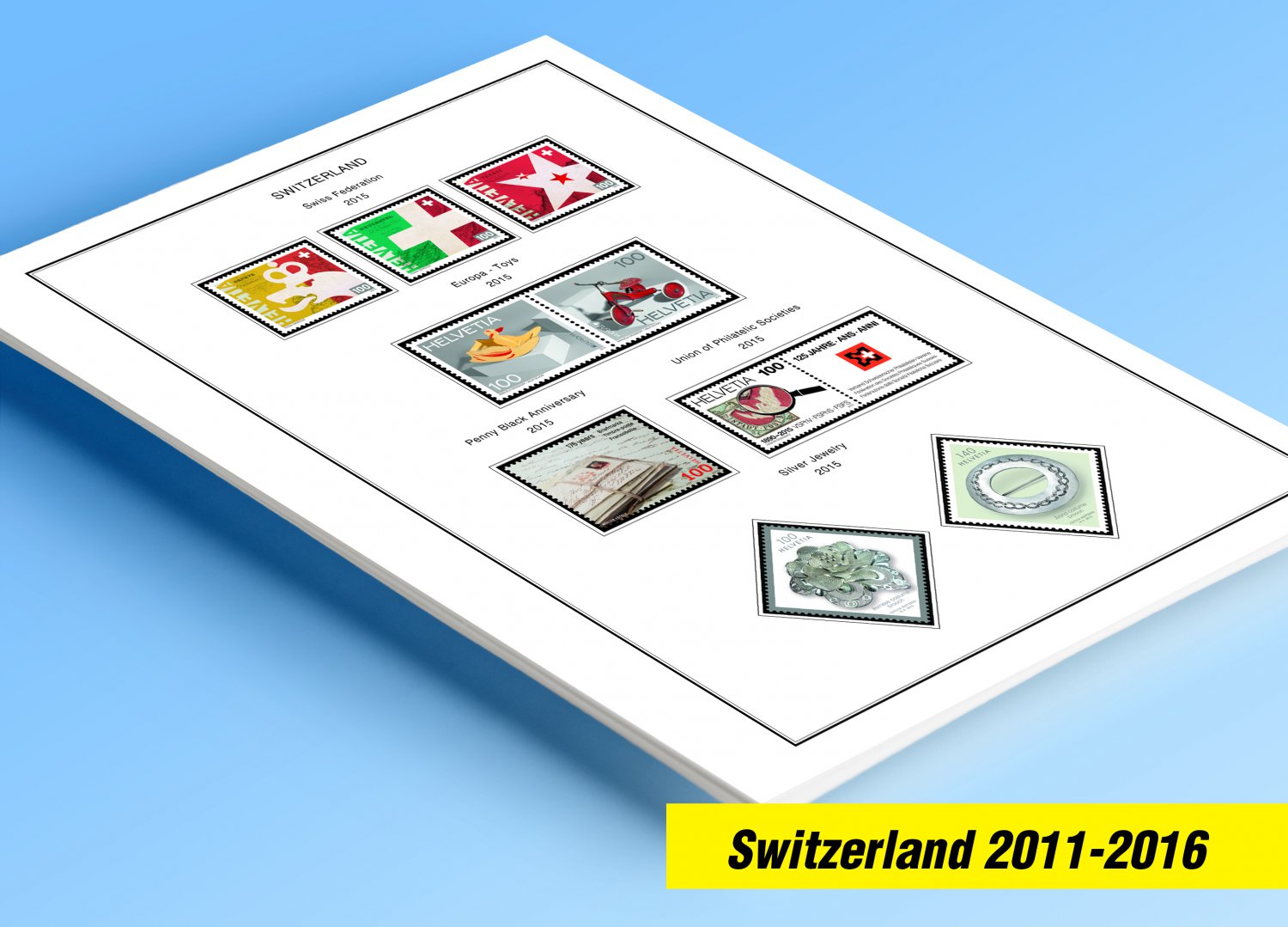 COLOR PRINTED SWITZERLAND 2011-2016 STAMP ALBUM PAGES (37 illustrated pages)