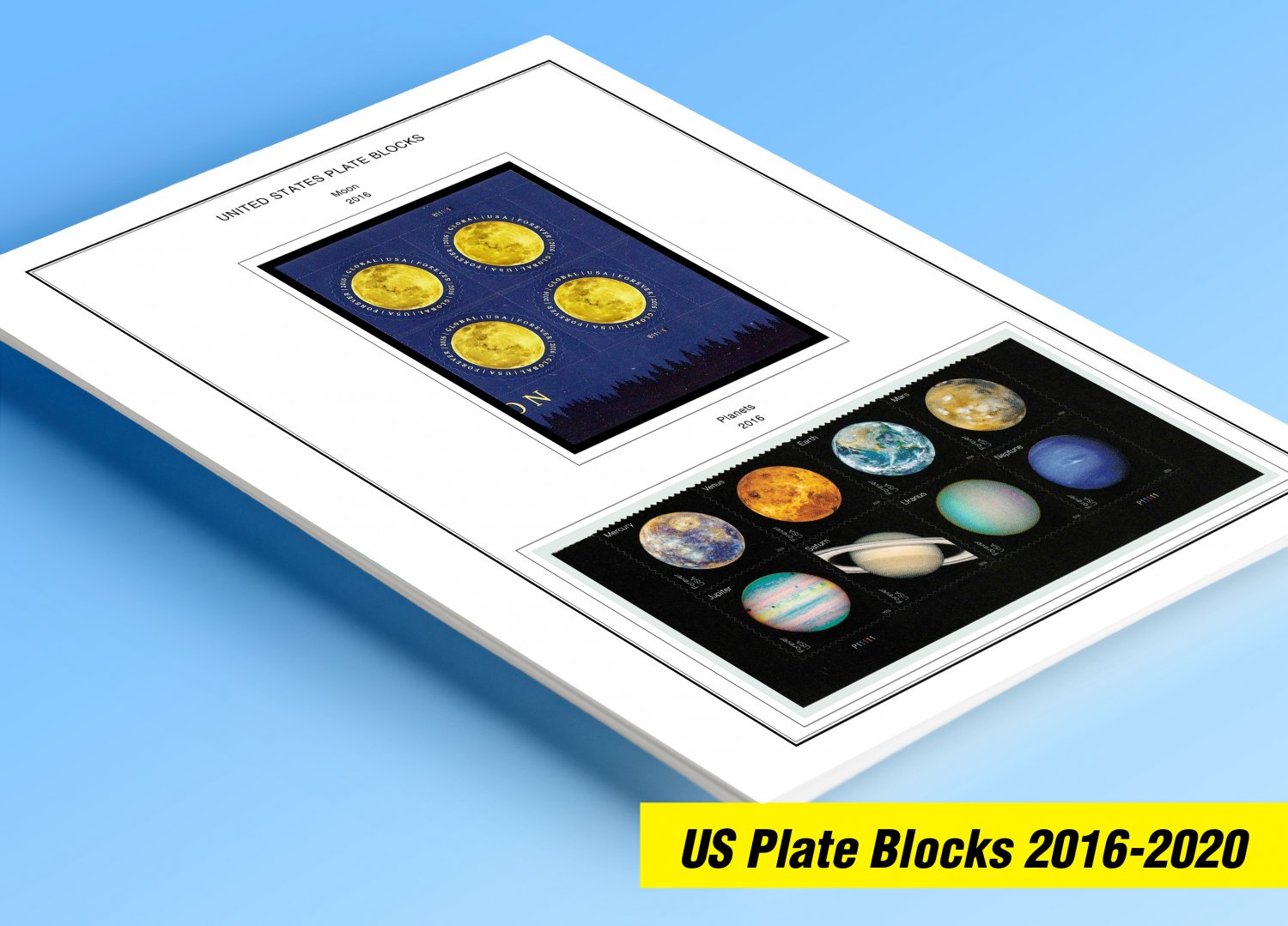 COLOR PRINTED US PLATE BLOCKS 2016-2020 STAMP ALBUM PAGES (50 illustrated pages)