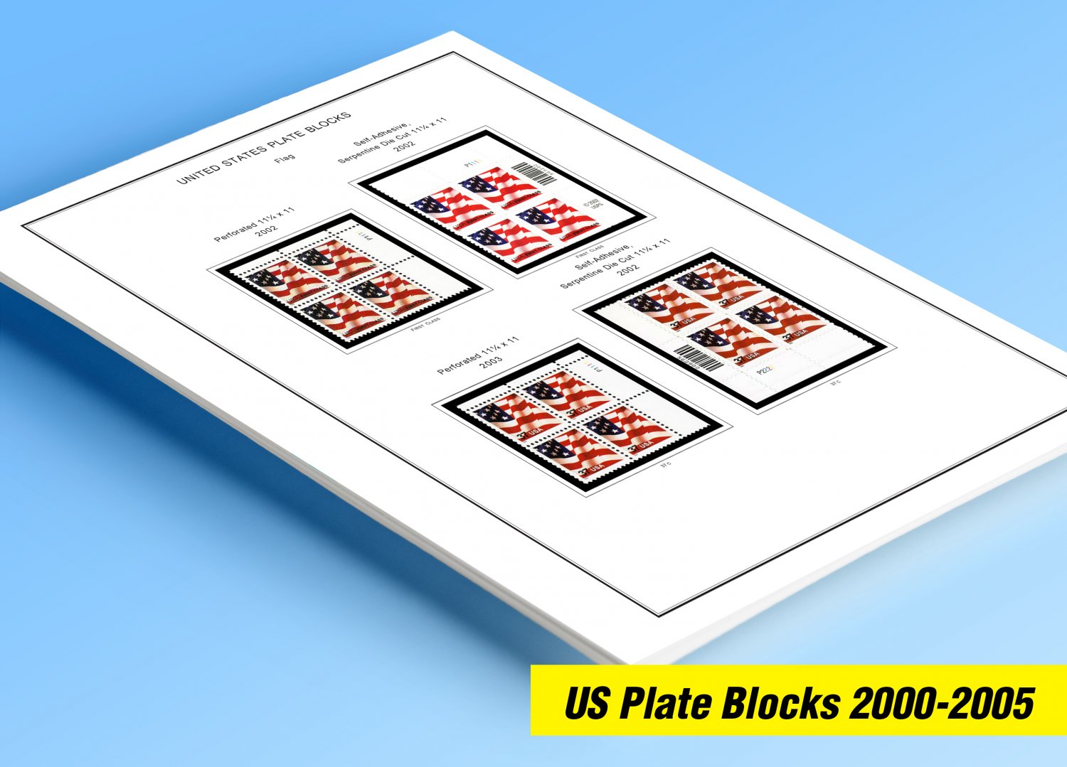 COLOR PRINTED US PLATE BLOCKS 2000-2005 STAMP ALBUM PAGES (68 illustrated pages)