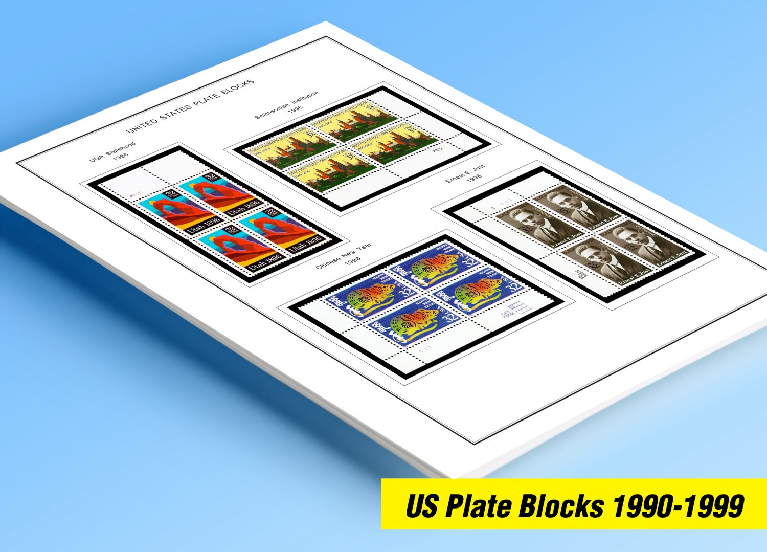 COLOR PRINTED US PLATE BLOCKS 1990-1999 STAMP ALBUM PAGES (119 illustrated pages)