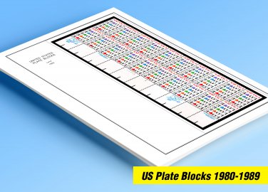 COLOR PRINTED US PLATE BLOCKS 1980-1989 STAMP ALBUM PAGES (104 illustrated pages)