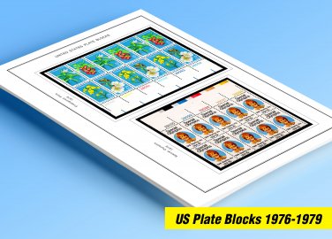 COLOR PRINTED US PLATE BLOCKS 1976-1979 STAMP ALBUM PAGES (44 illustrated pages)