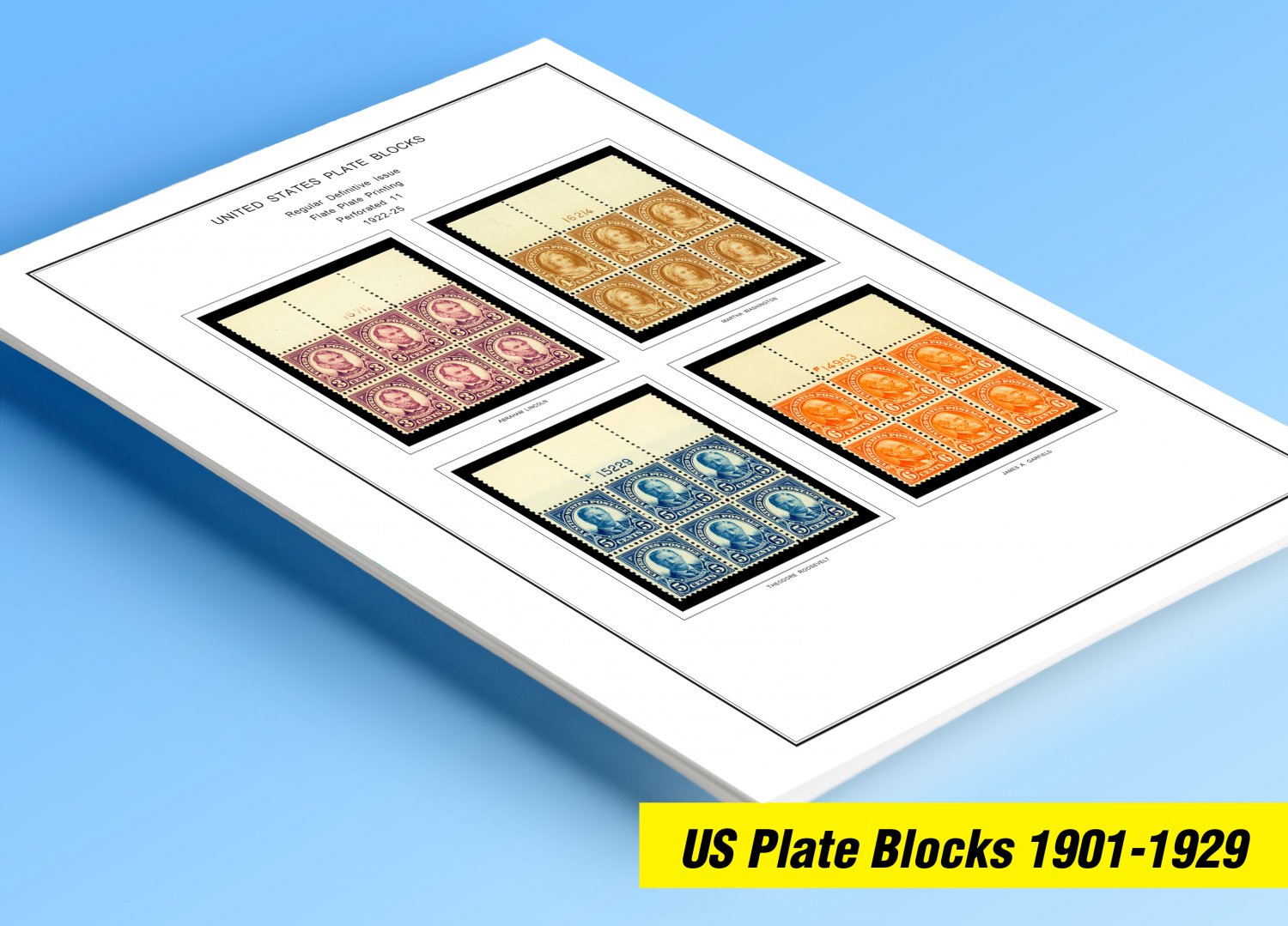 COLOR PRINTED US PLATE BLOCKS 1901-1929 STAMP ALBUM PAGES (46 illustrated pages)