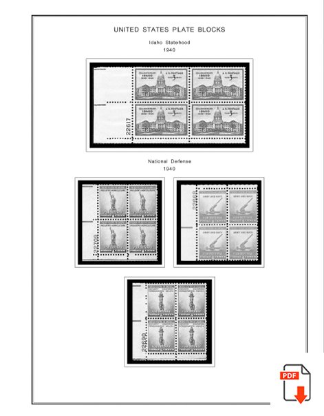 US 1940-1949 PLATE BLOCKS STAMP ALBUM PAGES (45 PDF b&w illustrated pages)