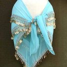 Belly Dance Hip Scarf Sky Blue 3 Rows Gold Coins