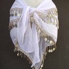 White Belly Dance Hip Scarf 3 Rows Gold Coins