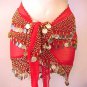 Red Shakira Belly Dance Wrap 3 Lines of Beads and Coins