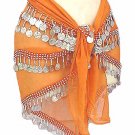 Orange Belly Dancing Hip Scarf 4 Line with Beads and Coins