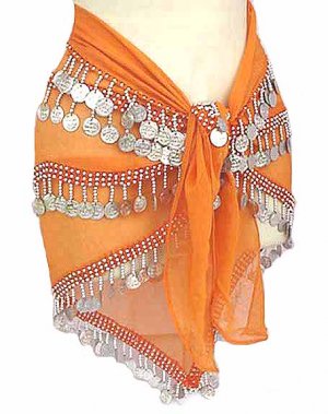 Orange Belly Dancing Hip Scarf 4 Line with Beads and Coins