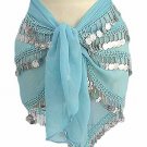 Belly Dancer Hip Scarf Light Blue 4 Line with Beads and Coins