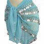 Belly Dancer Hip Scarf Light Blue 4 Line with Beads and Coins