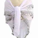 White Belly Dancing Hip Scarf 4 Line with Beads and Coins