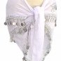 White Belly Dancing Hip Scarf 4 Line with Beads and Coins