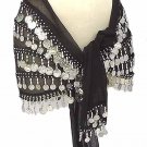 Black Belly Dance Hip Scarf 5 Lines Beads and Coins
